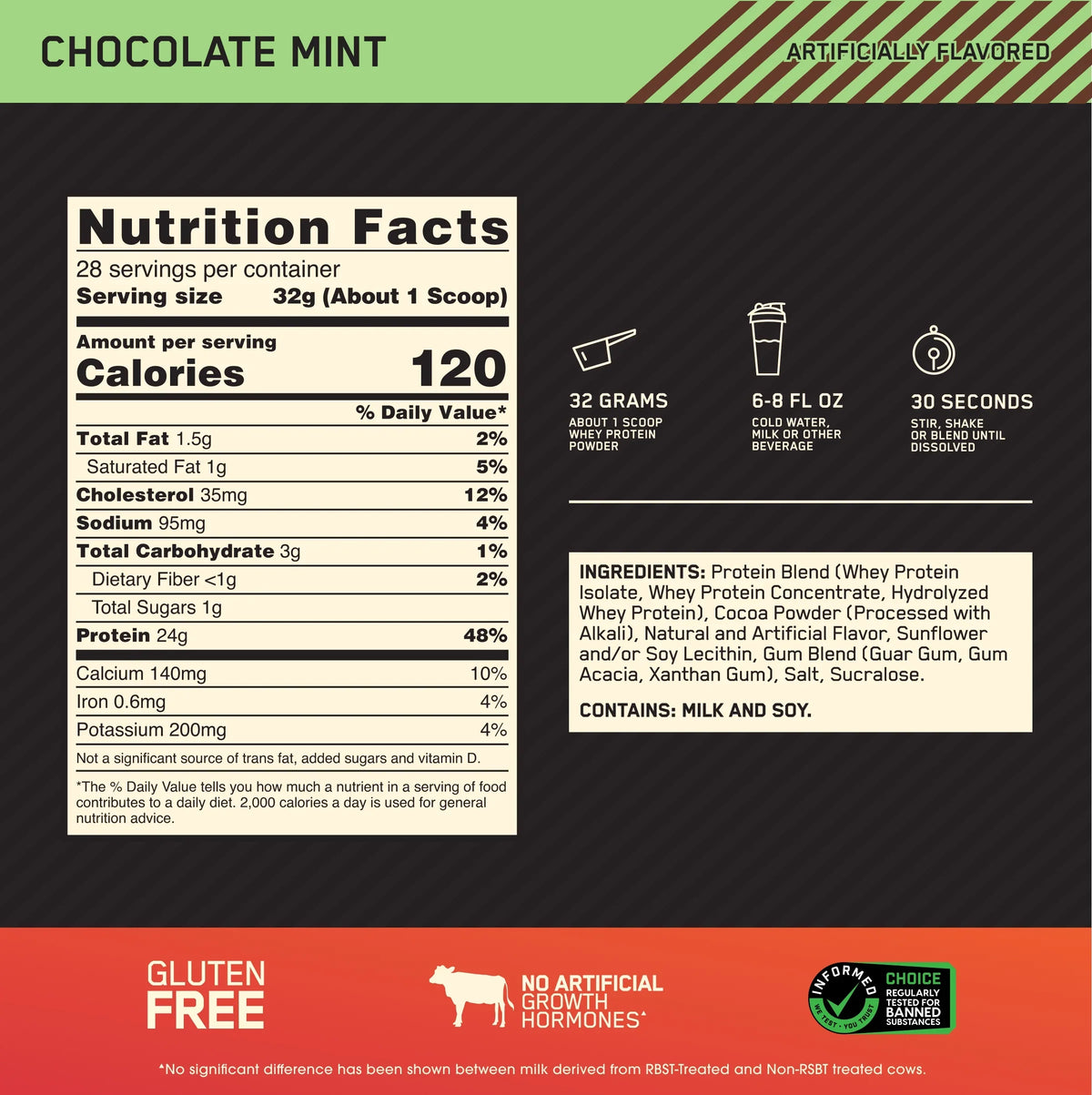 lb Powder, Mint, Chocolate Standard Optimum Protein, Nutrition, Protein Whey 100% 1.98 Gold 24g