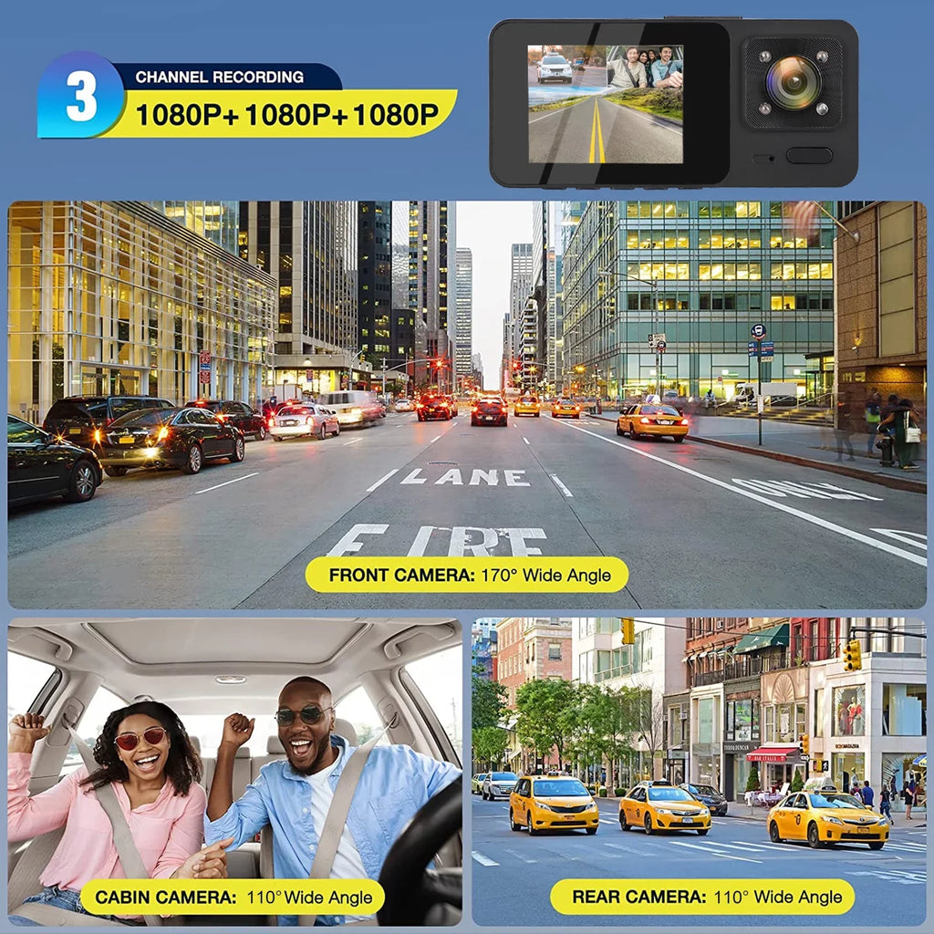 HD Cam, Channel with Dash Dash - Recording Monitor, Night Vision, Backup Black 1080P 3 Camera TSV Loop Parking G-Sensor,