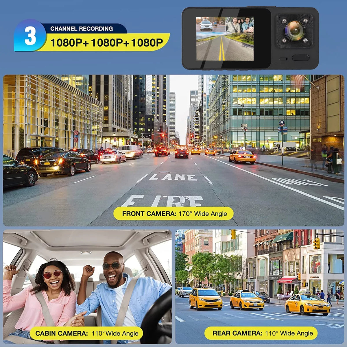 HD Cam, Channel with Dash Dash - Recording Monitor, Night Vision, Backup Black 1080P 3 Camera TSV Loop Parking G-Sensor,