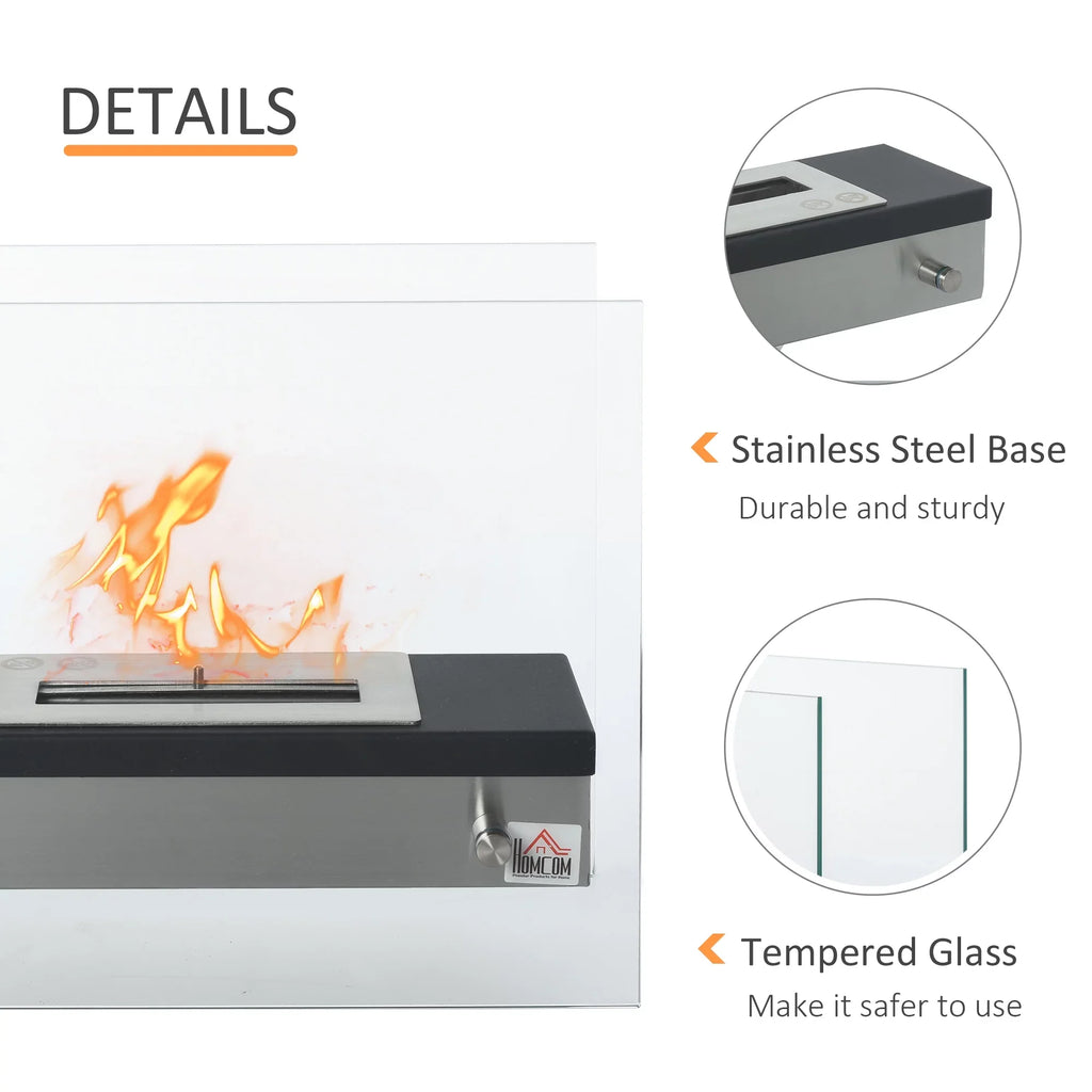 Sq. 0.39 Gal HOMCOM 3 Fireplace, Stainless Tabletop 18.5" Black Ethanol 269 up Ft., Hours, Steel to Burns