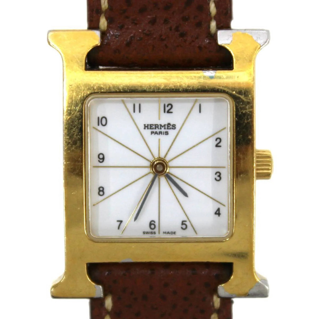 □G White Watch Ladies Hermes (Good) Brown x Dial: HERMES H Pre-Owned Gold HH1.201 Quartz