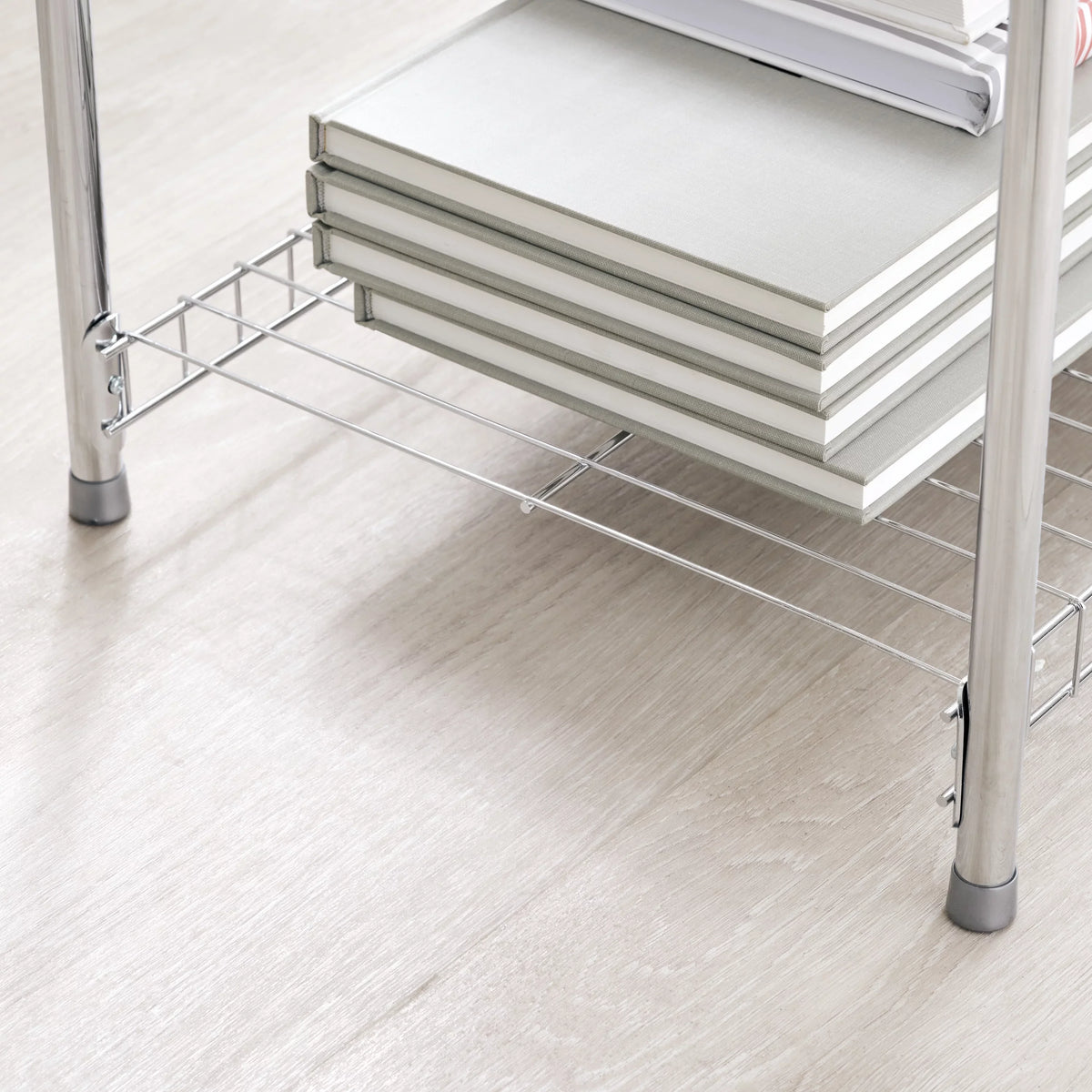Satin Wire Unit, Multipurpose Rubbermaid 4-Tier Shelving Nickel. Freestanding
