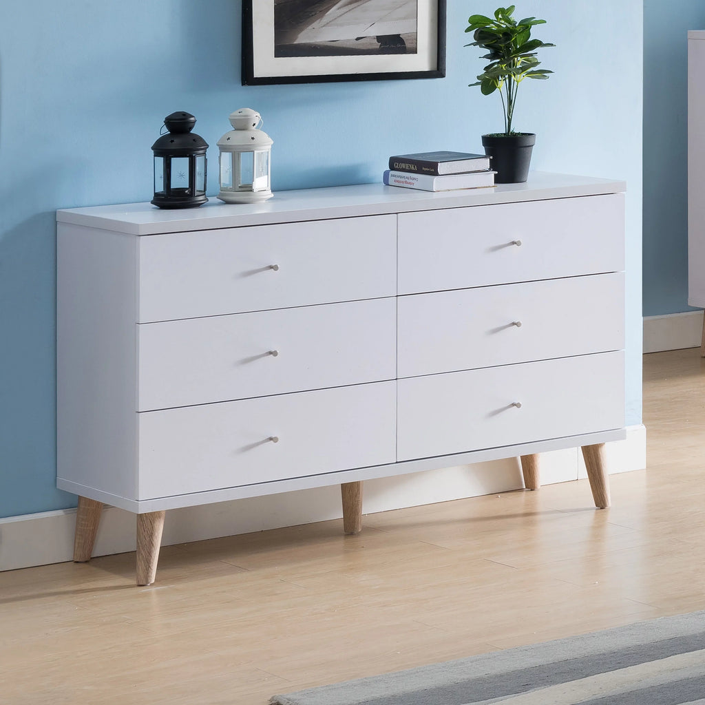 by BASIC White 6-Drawer Wide Mid-Century with Denhour Knobs DH 47-inch Dresser Modern