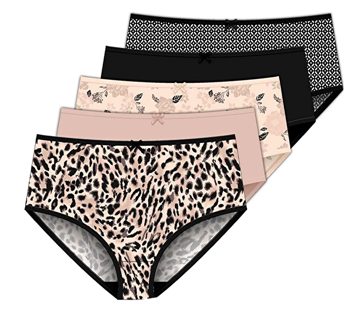 Delta 5-Pack Women's Peach - Stretch 9 Solids Whip Size - Leopard Colors Microfiber - Panties Burke Geometric Brief
