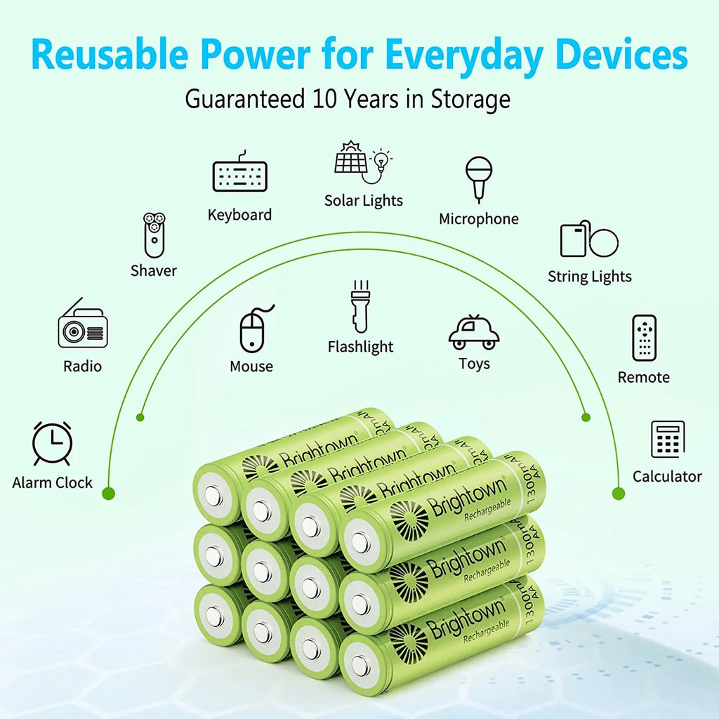 Brightown Battery AA, 1200 Charged up Household Rechargeable Battery Devices, Solar Cycles A and Recharge 12 Pack Pre to for NiMH Lights Double