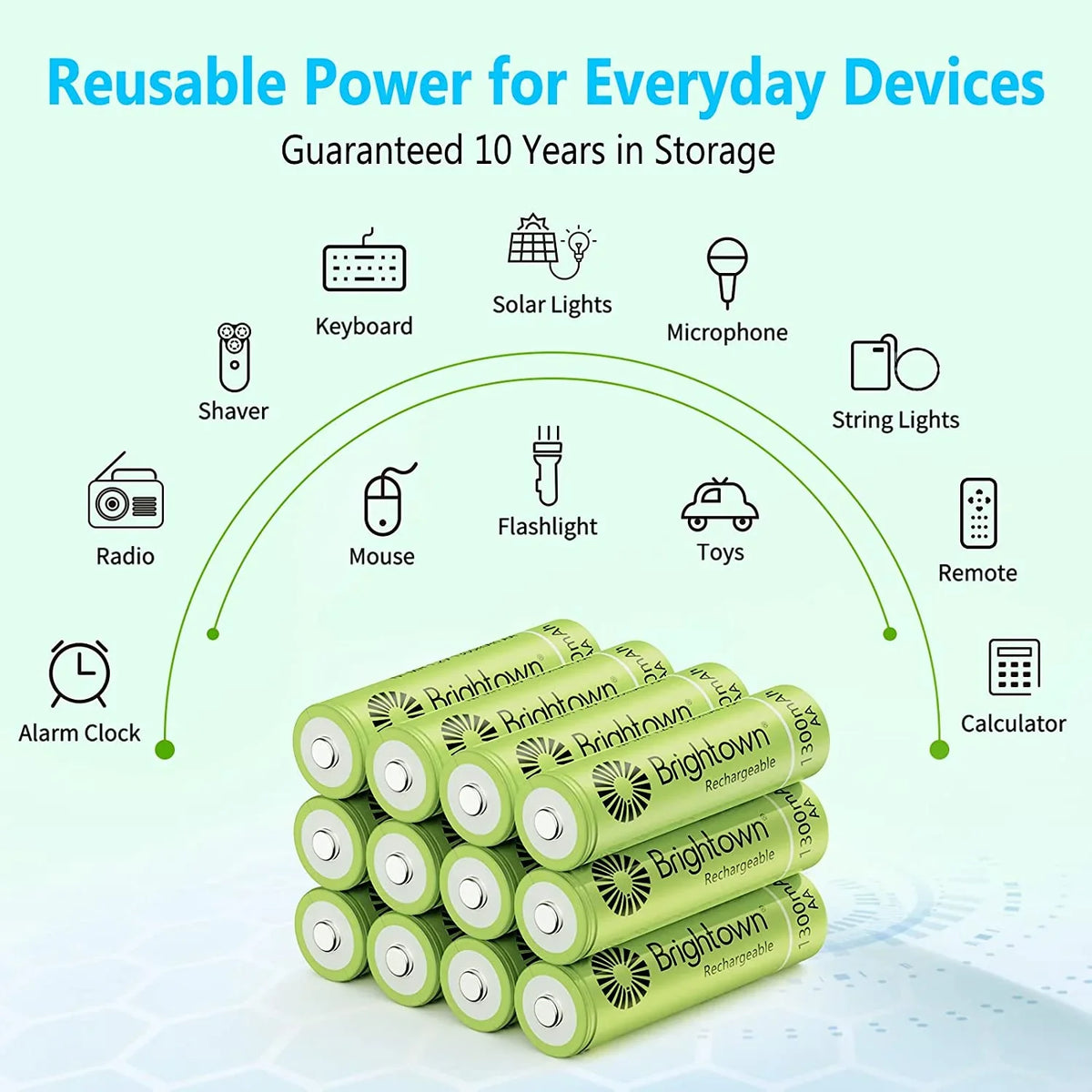 Brightown Battery AA, 1200 Charged up Household Rechargeable Battery Devices, Solar Cycles A and Recharge 12 Pack Pre to for NiMH Lights Double