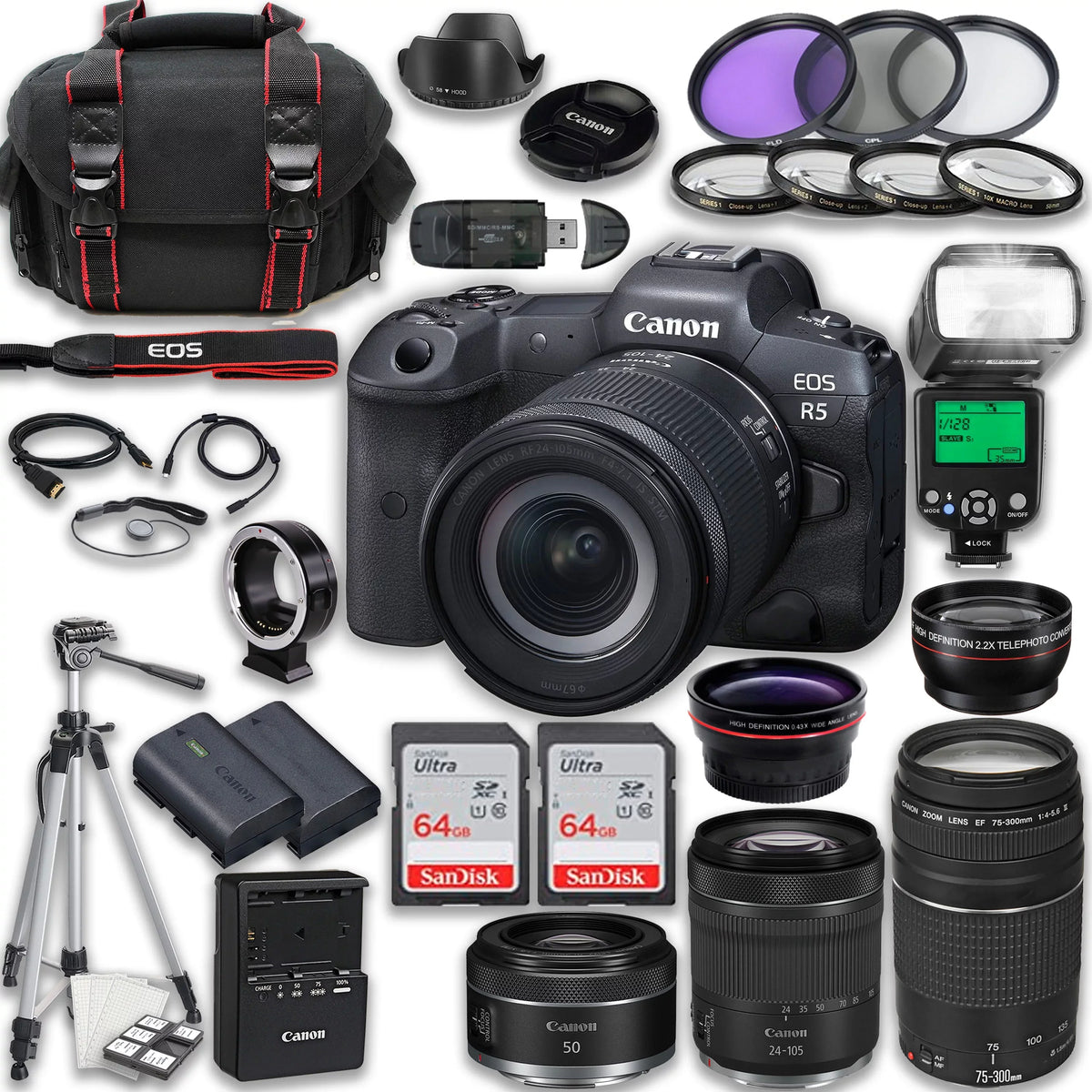 Lenses 75-300mm with Battery, f/1.8 EOS More III 128GB Accessories Tripod Camera STM TTL R5 Card & RF RF Flash, + Extra + 50mm & STM Frame Canon Mirrorless Memory including: Full f/4-5.6 + 24-105mm