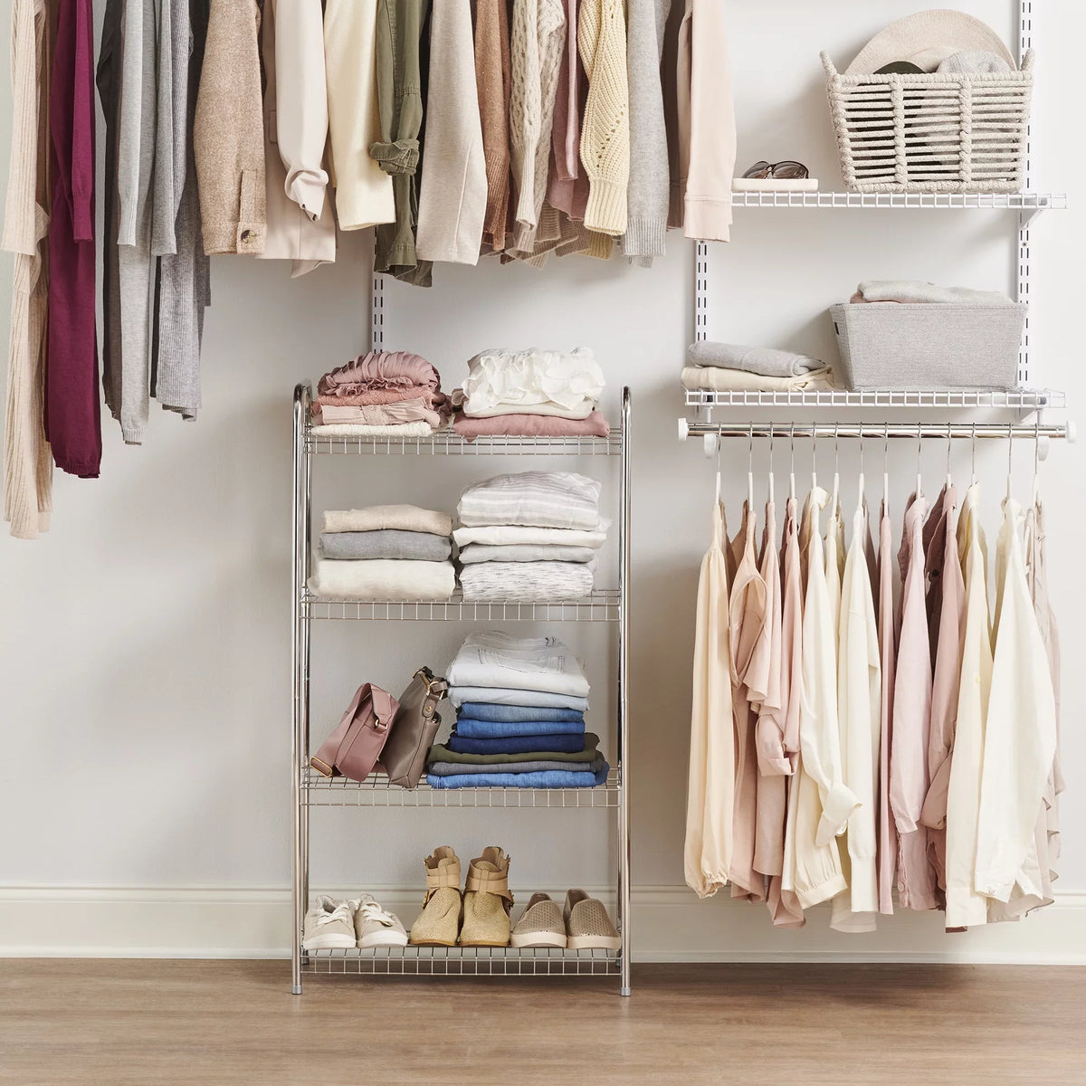 Satin Wire Unit, Multipurpose Rubbermaid 4-Tier Shelving Nickel. Freestanding