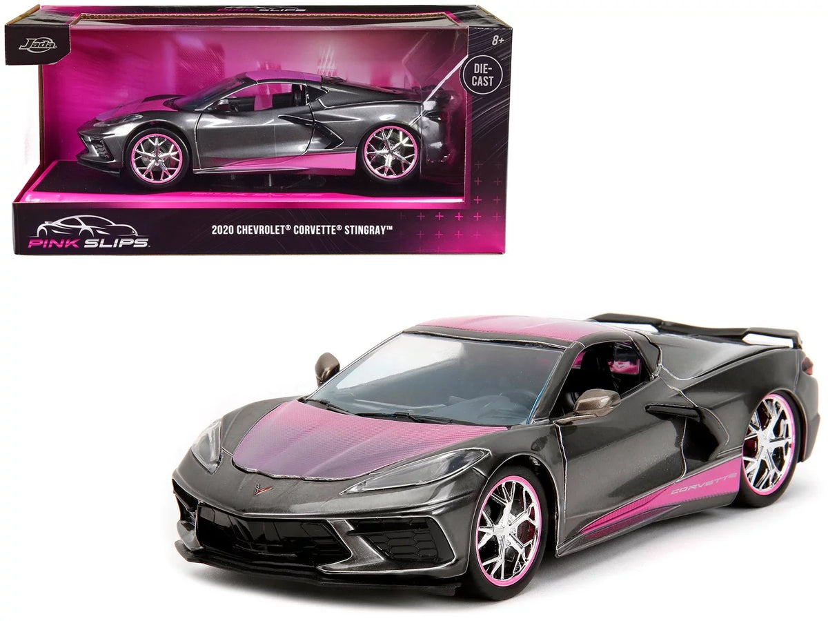 Series Diecast with Hood Top Gray Chevrolet Metallic Carbon Jada 2020 Corvette and Model Pink "Pink Car Slips" Stingray by 1/24