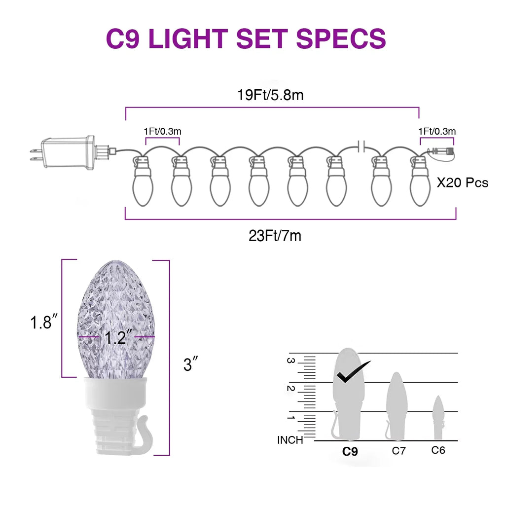 Eva's Bulbs Lights Color Waterproof Changing C9 23ft Light Outdoor, 20 LED Lights Christmas String