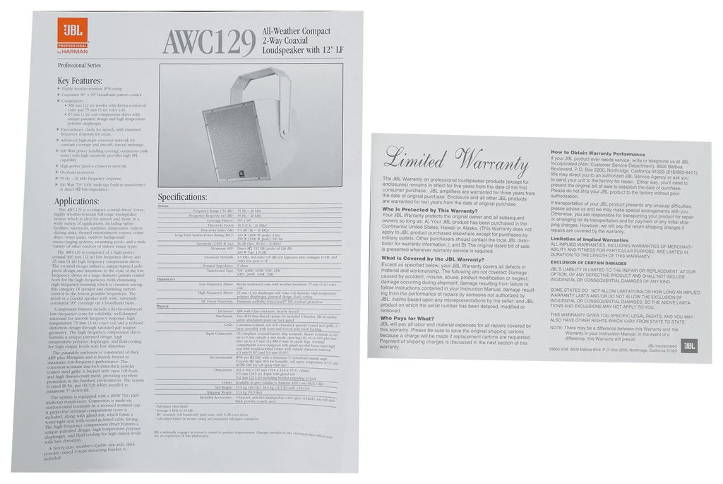 Commercial 12" 200w JBL Speaker Surface Indoor/Outdoor AWC129 70V 2-Way Mount