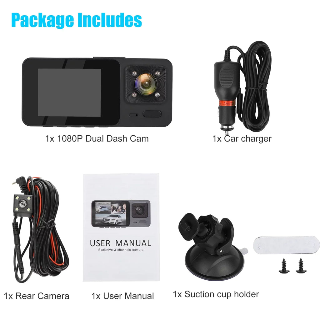 HD Cam, Channel with Dash Dash - Recording Monitor, Night Vision, Backup Black 1080P 3 Camera TSV Loop Parking G-Sensor,