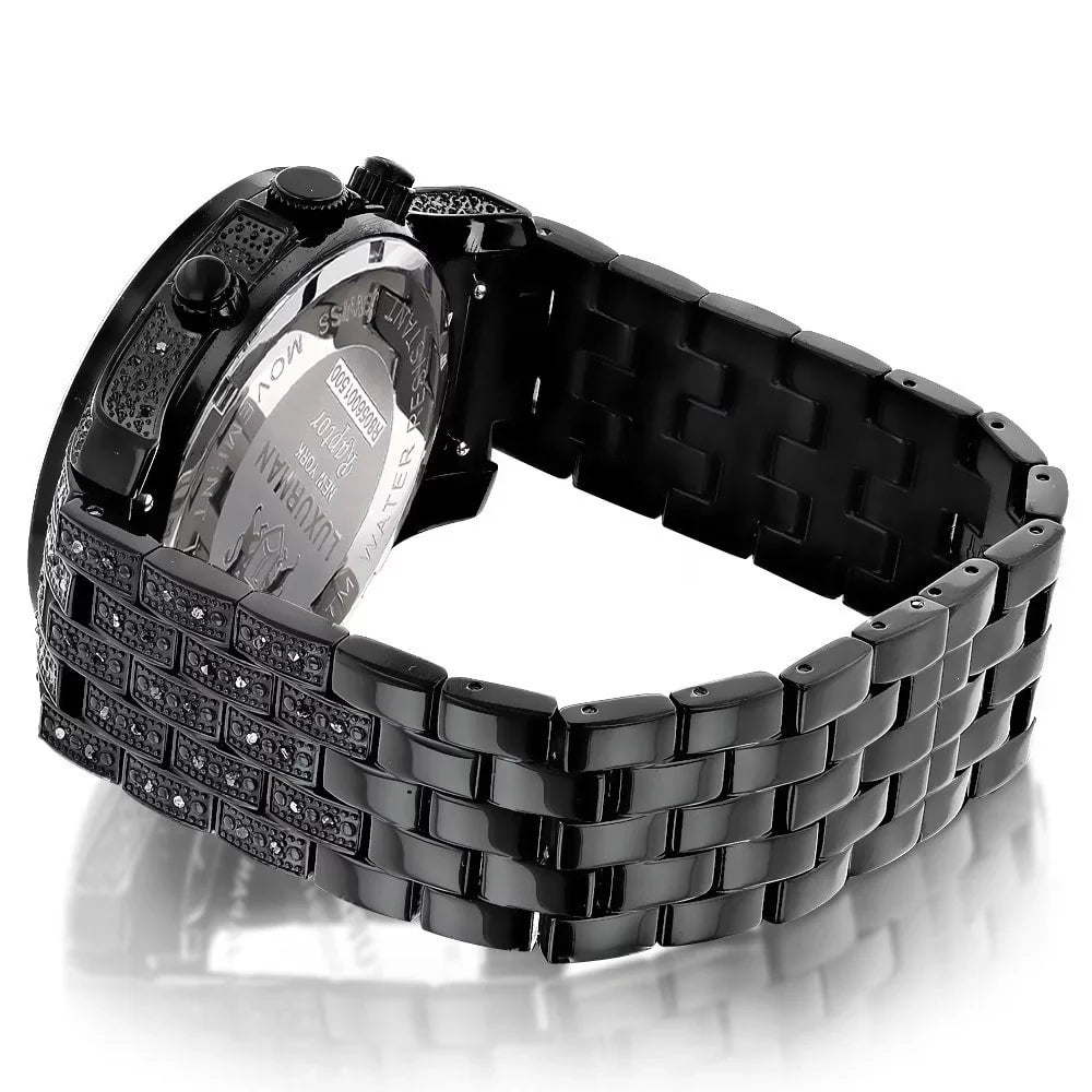 Extra Leather Steel plus Accent Diamond Stainless Quartz Strap Men's Metal Watch Black Band