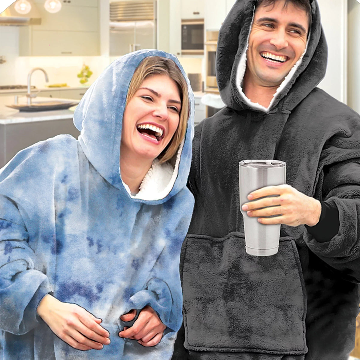 Huggle Blanket Dye Hoodie, Hoodie, Wearable Tie Fleece Blue & Sherpa