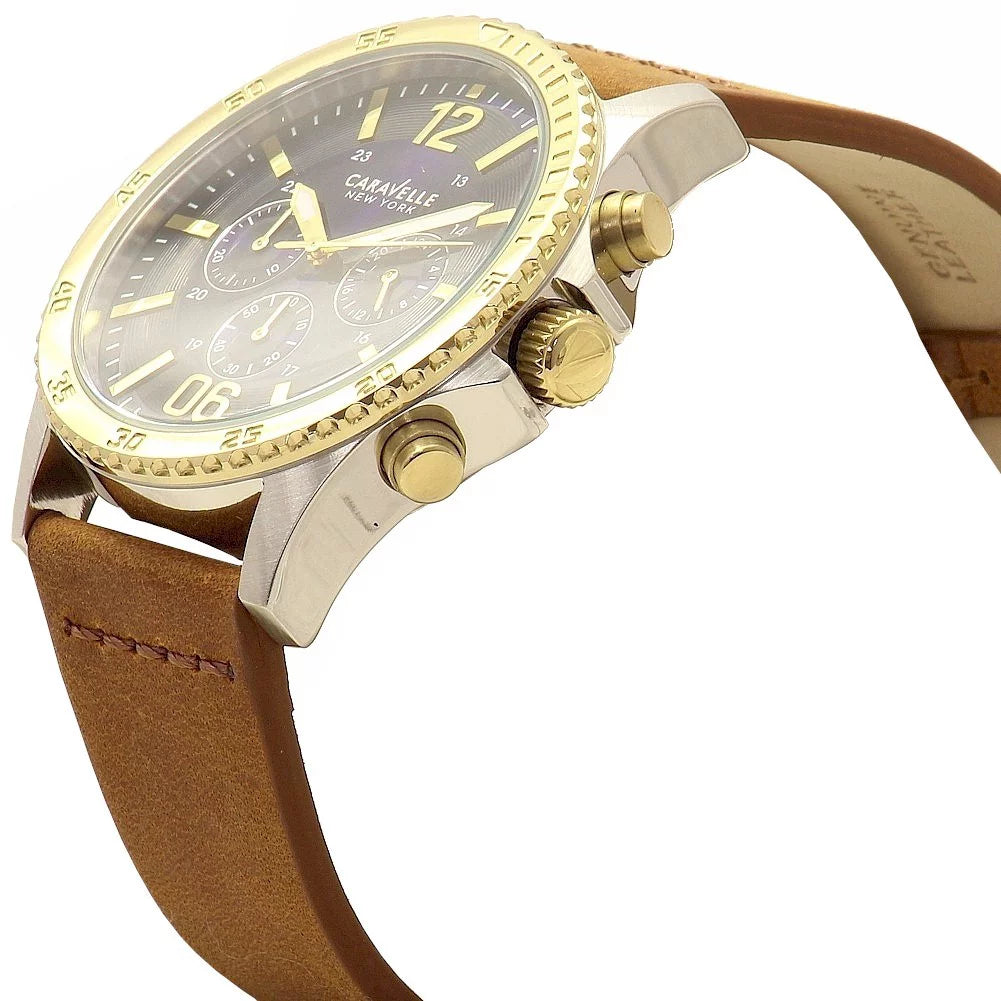 45A135 Men's Leather Chronograph Blue Strap Watch Dial Brown Sport Caravelle
