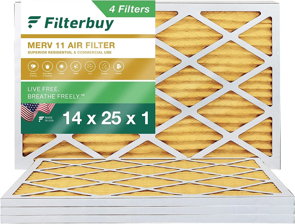 Filterbuy (4-Pack) AC Air MERV 11 HVAC 14x25x1 Furnace Pleated Filters