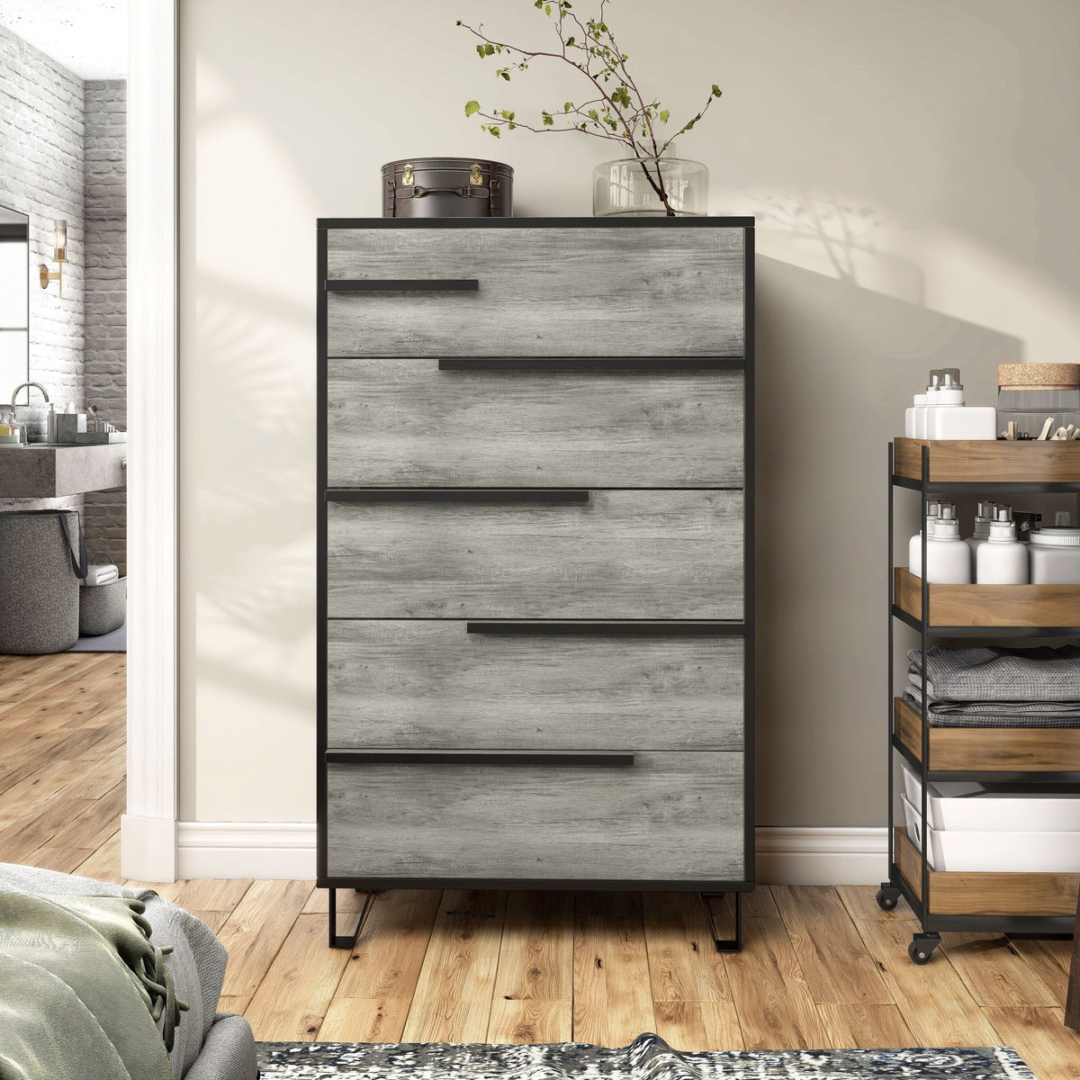 DH by Vintage Denhour 5-Drawer Modern Grey Chest Oak BASIC