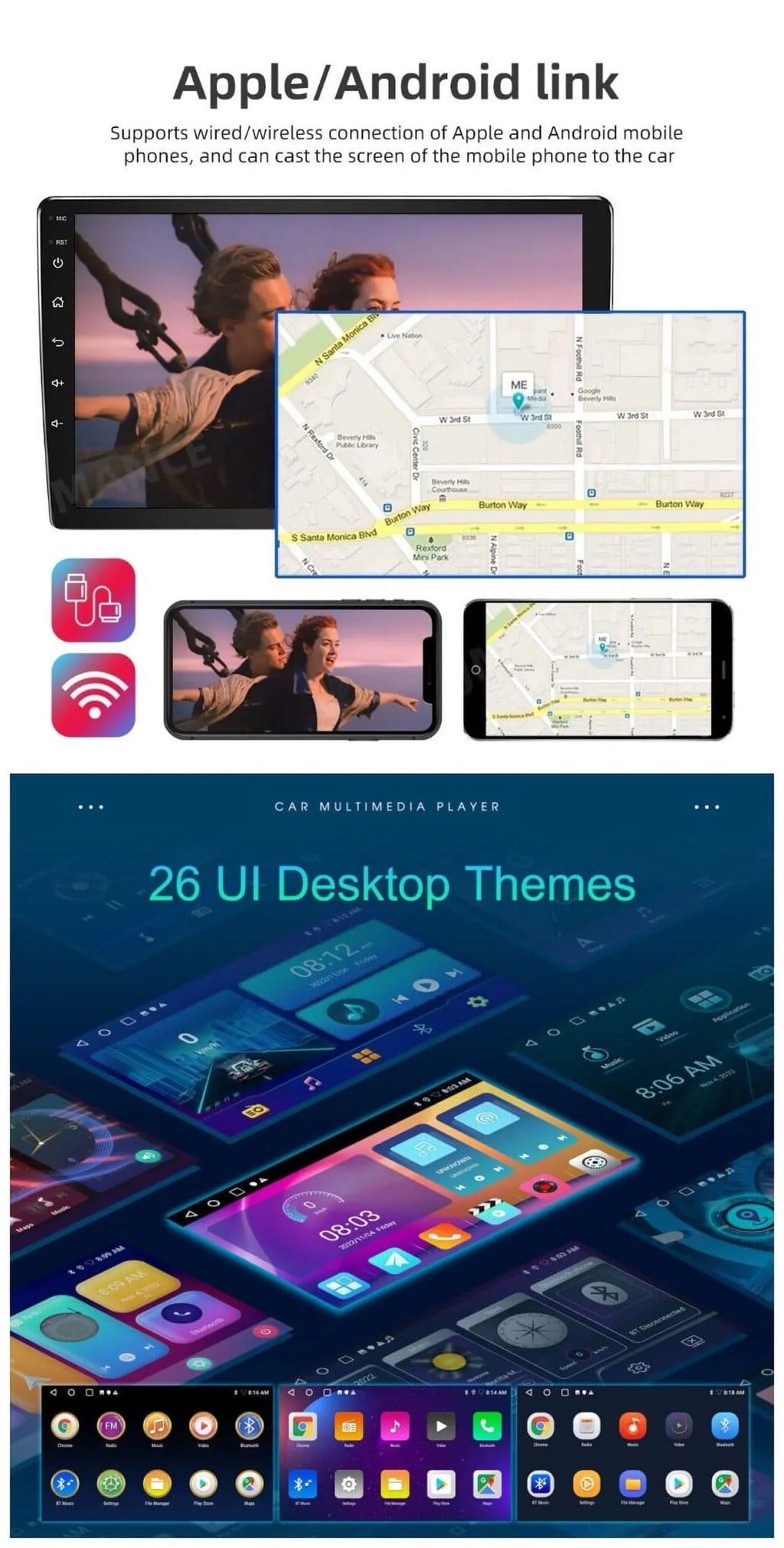IPS Bluetooth 10.1" Wireless Android Camera Radio Auto USB Receiver WiFi Carplay GPS Double Car AHD Stereo Screen 1280*720 2+32GB Android FM/RDS Din Backup Navigation