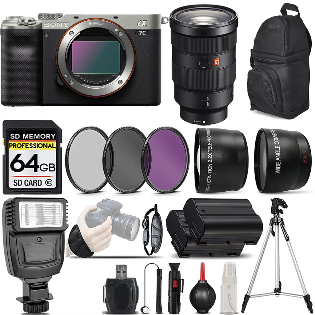 a7C UV-CPL-FLD - + Memory + Camera Lens (Silver) 64GB + Wide Sony Wrist + Flash Version Angle International Lens Card Filters GM with + f/2.8 + 0.43X 2.2x Grip Telephoto 24-70mm Lens
