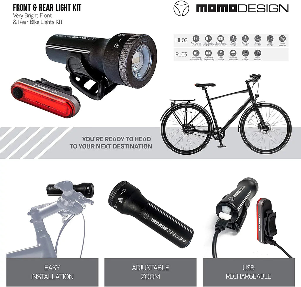 Bike Night Light for & Resistant, Rechargeable, KIT MOMODESIGN Visibility, for USB 300 COMMUTERS Designed Weather Headlight Rear Light