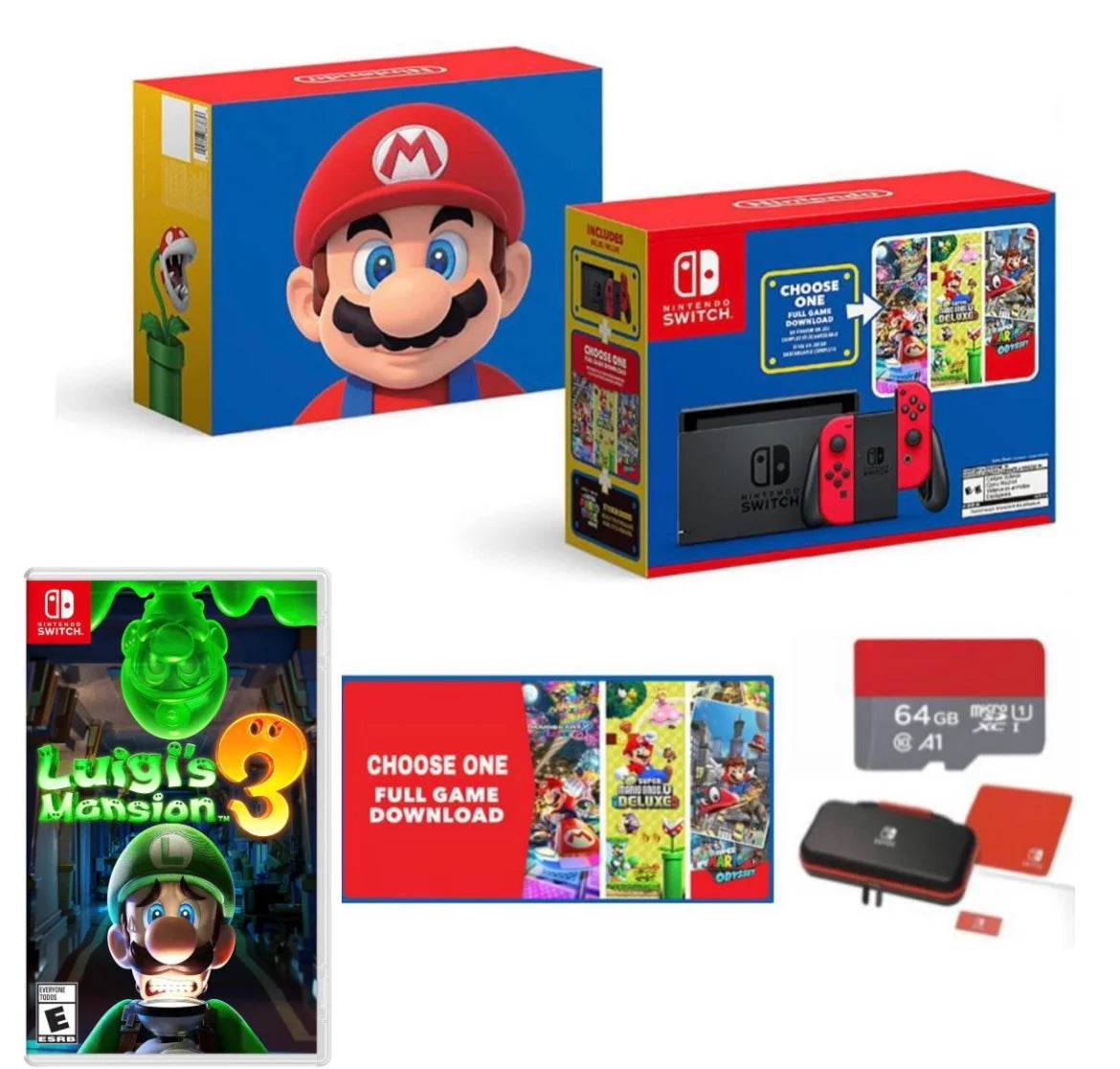 64GB Mario Choose Mansion Luigi's Games SD Switch - New Download 3 Case & of - Mario with - Nintendo Carrying Bundle Switch Bundle Red Joy-Con Micro Three One with