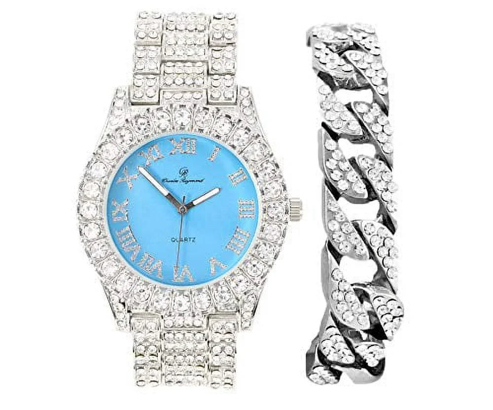 w/Bling'ed Out Cuban Cuban Bracelet Out Numerals Iced Colorful Big Watch Shiny Mens Rocks Silver Fully Roman - (Silver RN ST10327 Dial with Baby Blue) Silver