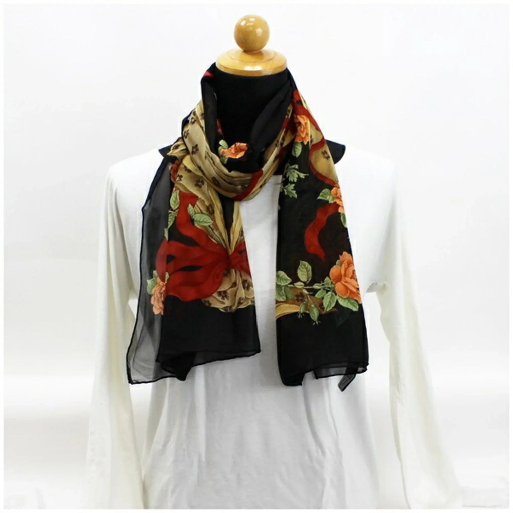 muffler Ferragamo rectangle ladies (Like paper stole New) SALVATORE FERRAGAMO scarf pattern black Pre-Owned ribbon Salvatore silk