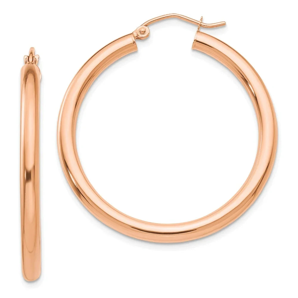 14kt Tube and Men Women Teens; Adults Gold Real Lightweight Earrings; for for and Polished Hoop 3mm Rose