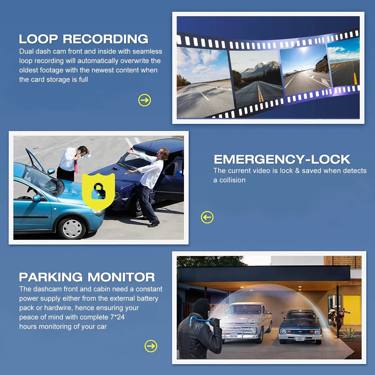 HD Cam, Channel with Dash Dash - Recording Monitor, Night Vision, Backup Black 1080P 3 Camera TSV Loop Parking G-Sensor,