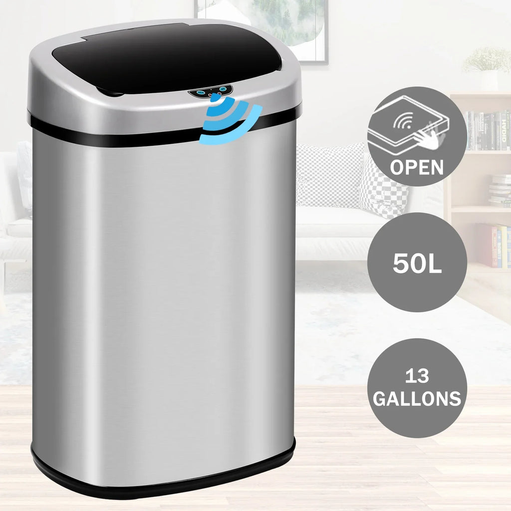 Touch-Free Can Sensor, NiamVelo Steel Kitchen for & Anti-Fingerprint with Designed Office 13 Garbage Lid, Silver Can Mute Stainless Waste Home, Motion Bin with Gallon Automatic Trash