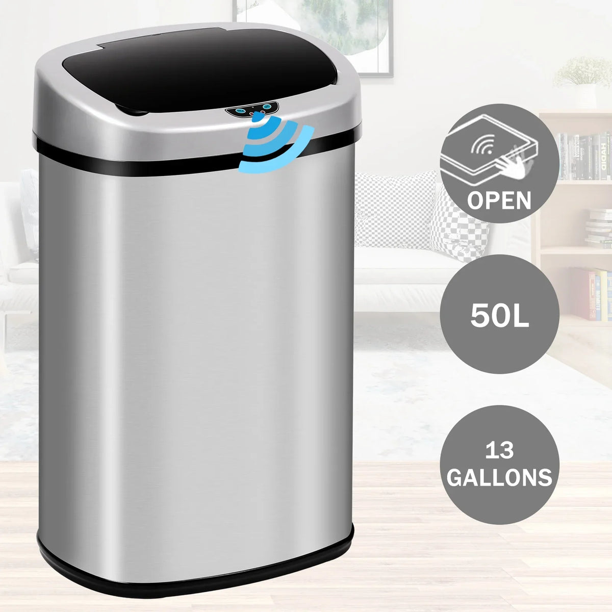 Touch-Free Can Sensor, NiamVelo Steel Kitchen for & Anti-Fingerprint with Designed Office 13 Garbage Lid, Silver Can Mute Stainless Waste Home, Motion Bin with Gallon Automatic Trash