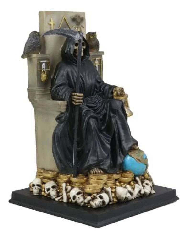 Holding Throne Our Of Black Muerte Death Seated Scythe Santa Statue On Lady