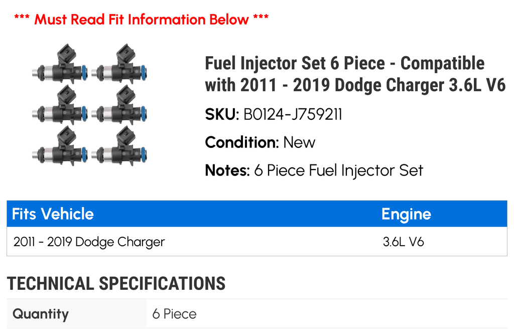 Dodge - 2011 2015 Compatible Piece 2018 with Charger Fuel Injector V6 2017 Set 2014 2016 6 2012 2019 3.6L - 2013