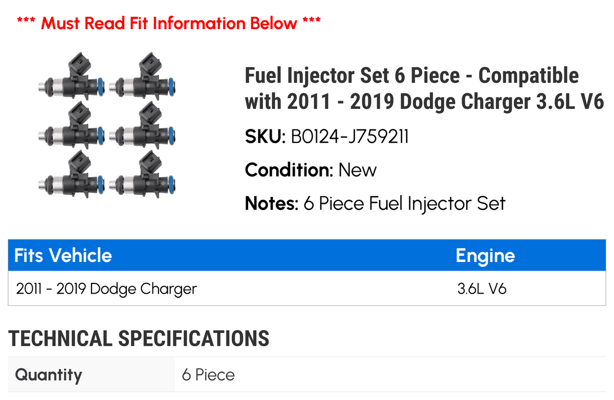Dodge - 2011 2015 Compatible Piece 2018 with Charger Fuel Injector V6 2017 Set 2014 2016 6 2012 2019 3.6L - 2013
