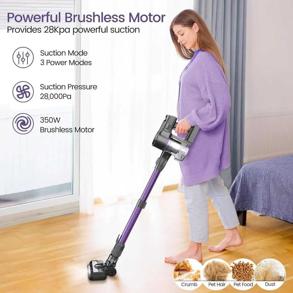 Vacuum with Powerful Vacuum Lightweight Vacuum Cordless Stick 28Kpa Cordless Pet (Midnight Purple) Rechargeable Hair Vacuum 50min 350W 6-in-1 Runtime, Suction, with Home Floor for Cleaner, Carpet