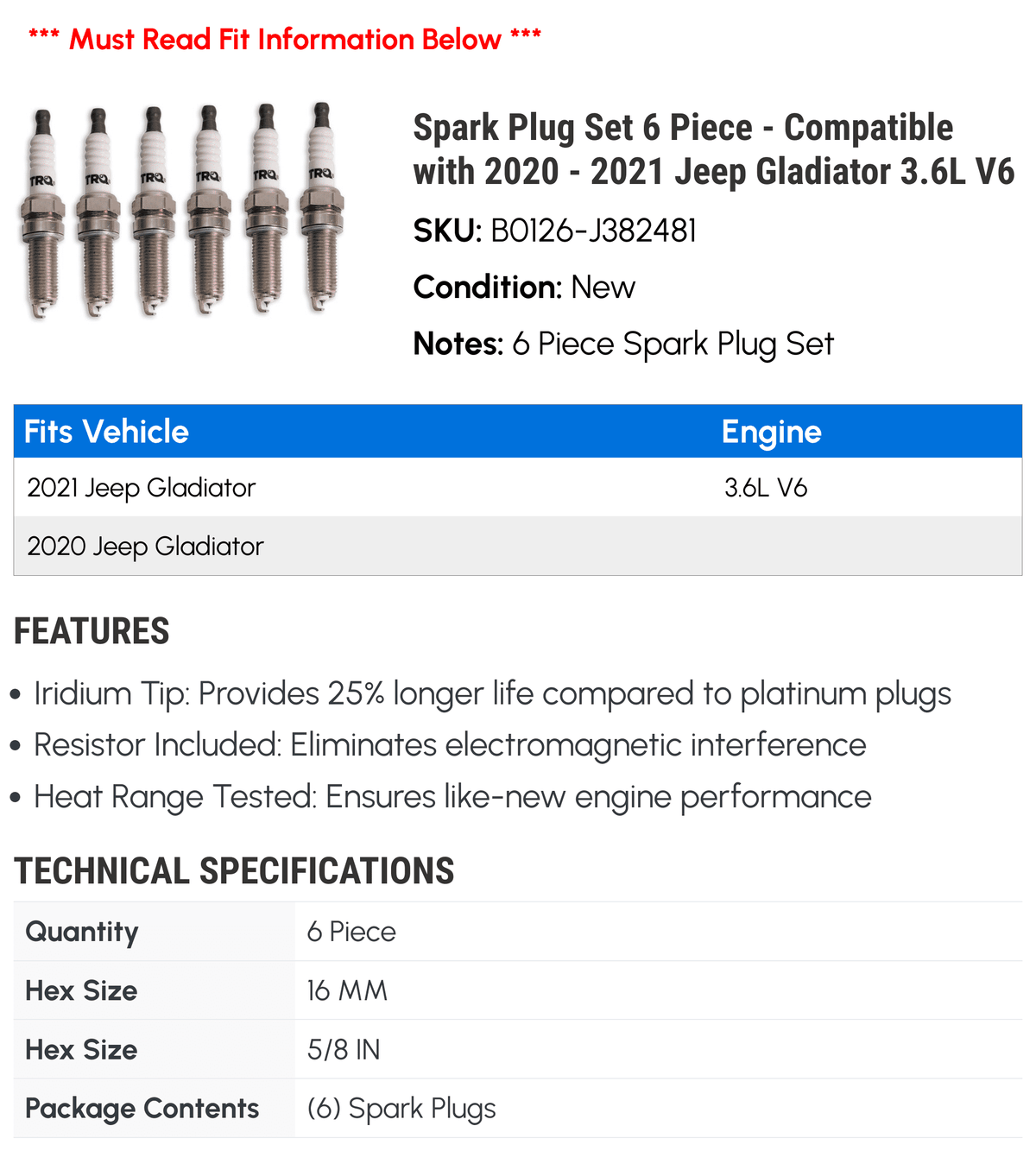 Piece Spark Jeep Gladiator V6 Set Compatible with Plug 2020 2021 - 6 3.6L -