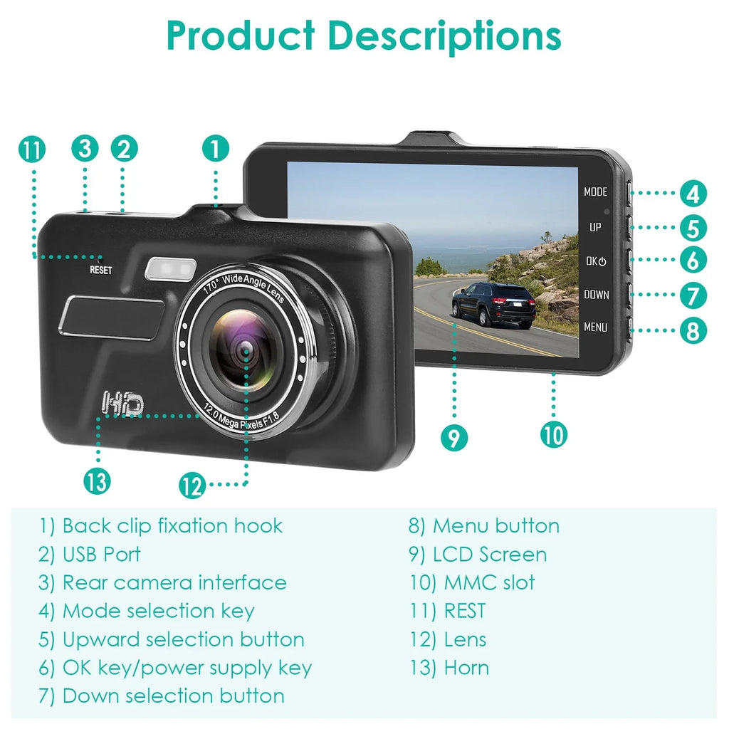 and Cam Camera with iMounTEK Rear IPS Car Dash Dashcams 4in Dual 1080P for Taxi Front Driving for Cars Touch Recorder Screen