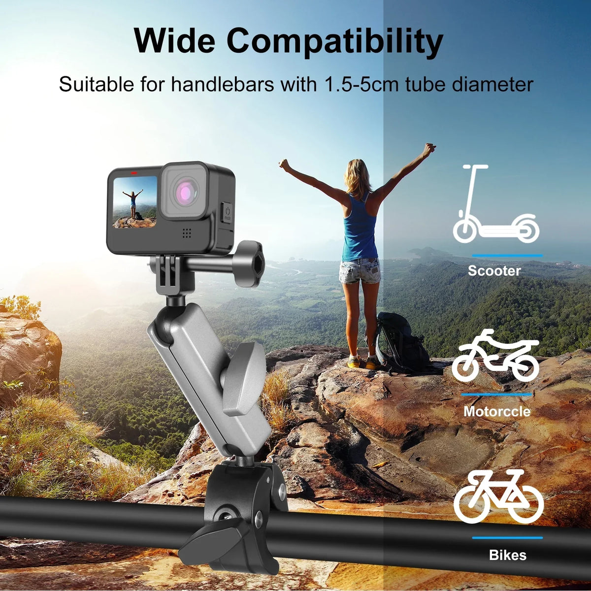 Mount, Ball PULUZ Aluminum Adapter, Clamp PU867B Compatible Alloy Dual Handlebar 11/10/9/8 AKASO DJI Hero Head, Rotatable