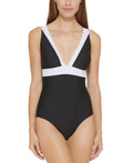 BLACK Colorblocked DKNY US 10 Plunging One-Piece Swimsuit,