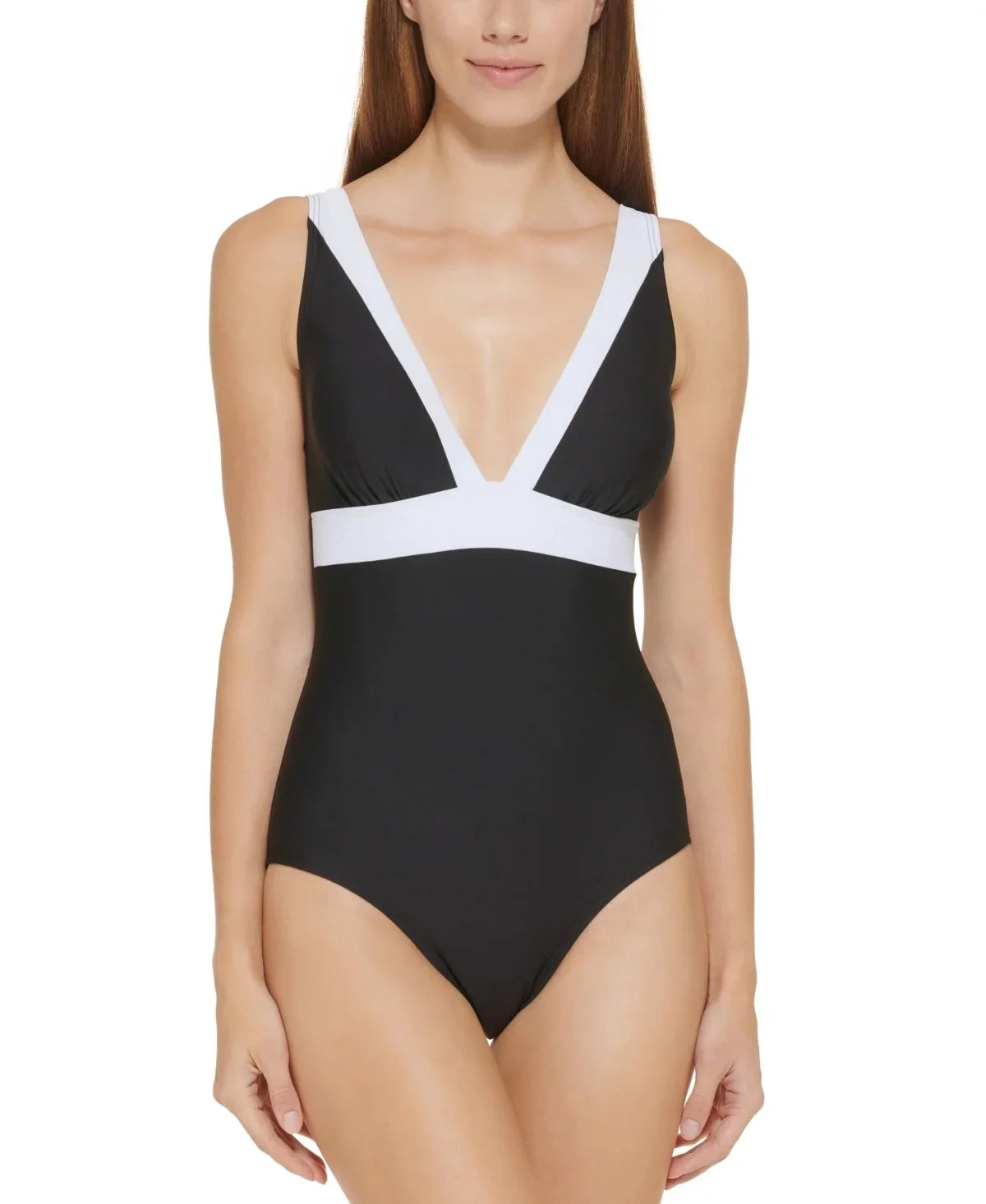 BLACK Colorblocked DKNY US 10 Plunging One-Piece Swimsuit,