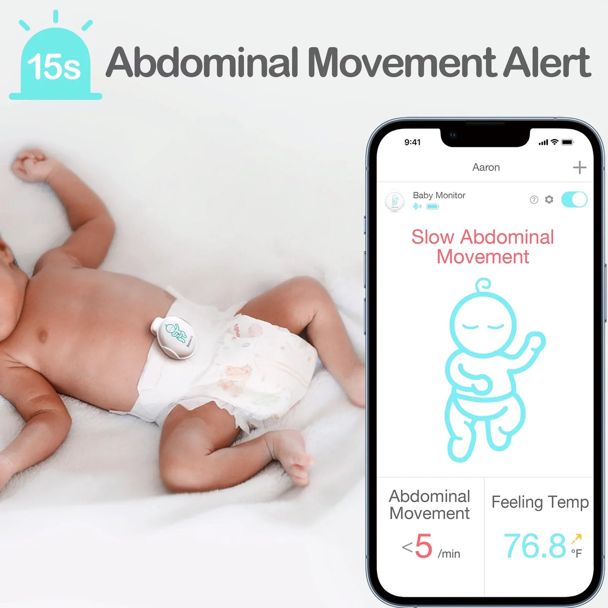 Temperature, Sleeping Pink Audio Abdominal Baby on Position Sense-U Baby's Abdominal and Smartphones, Alerts Monitor - with for Rollover Safety Baby Smart Movement, Tracks Movement Instant