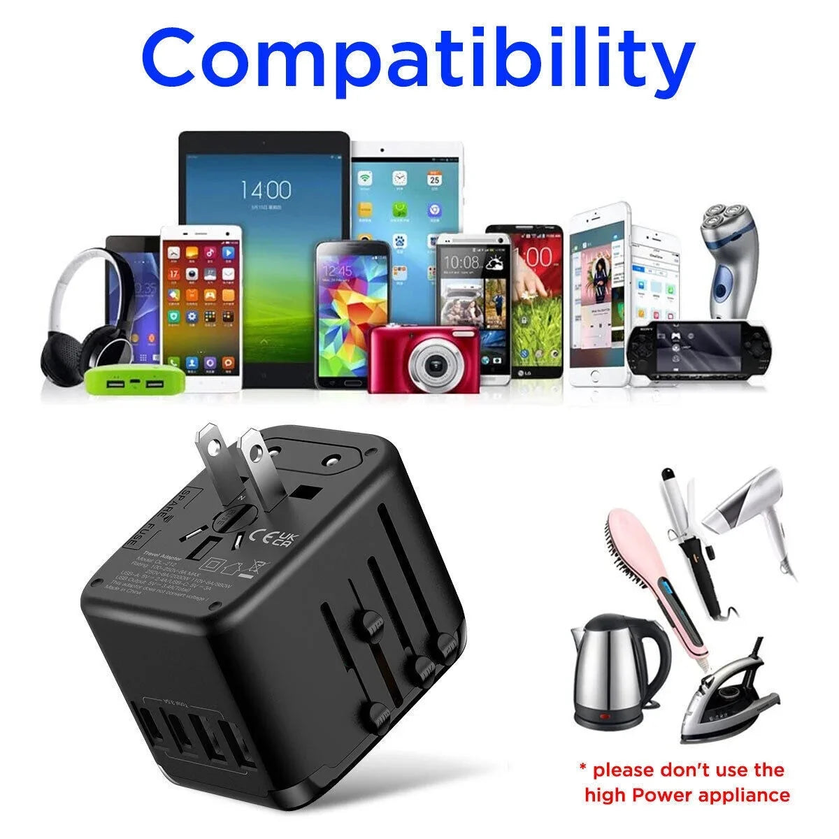 Universal Adapter Travel International USB+2 Plug Converter AICase Power Outlet 2 USB C