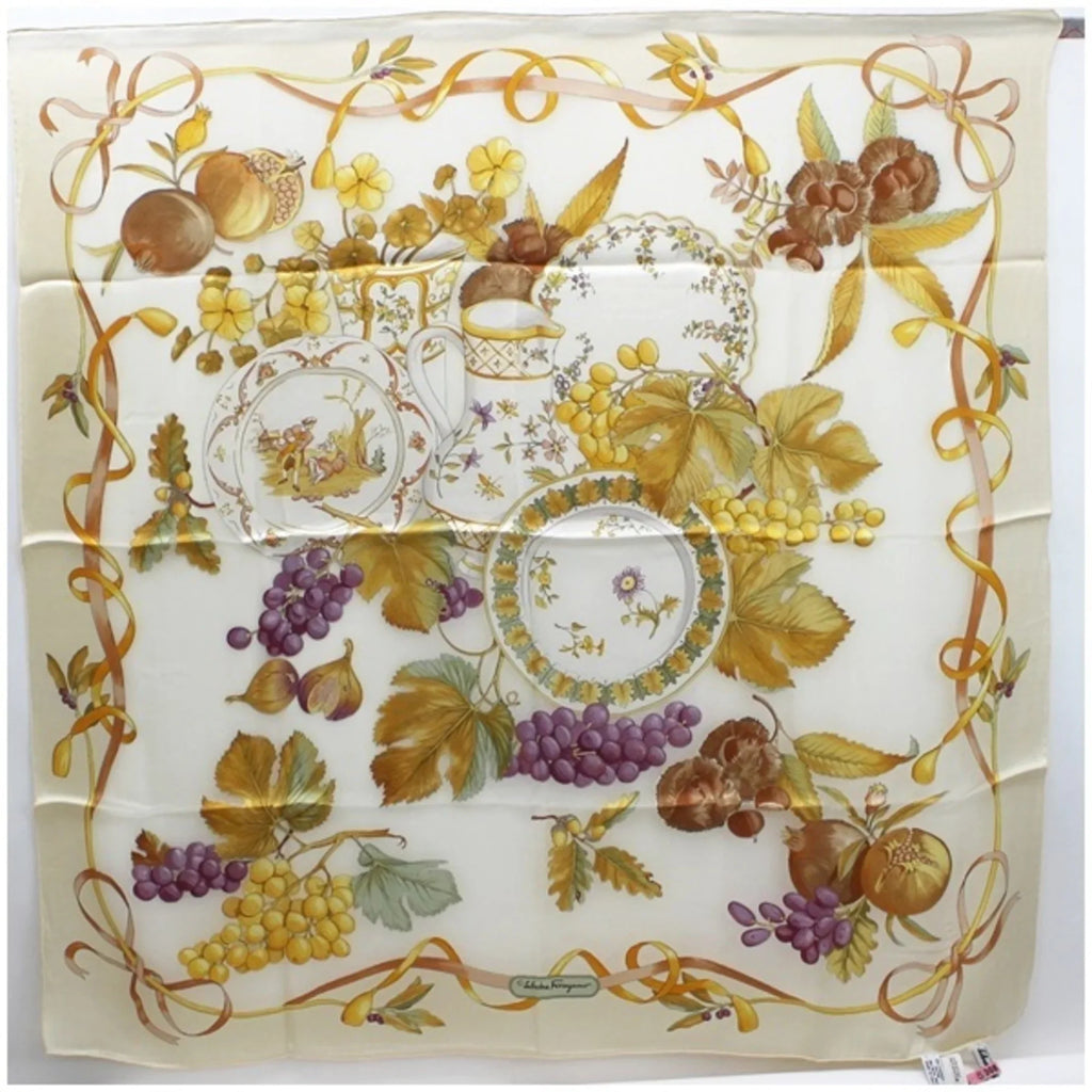 Women's Pattern Silk Scarf Cream x (Good) Pre-Owned Ferragamo Muffler Salvatore Viscose Fruit