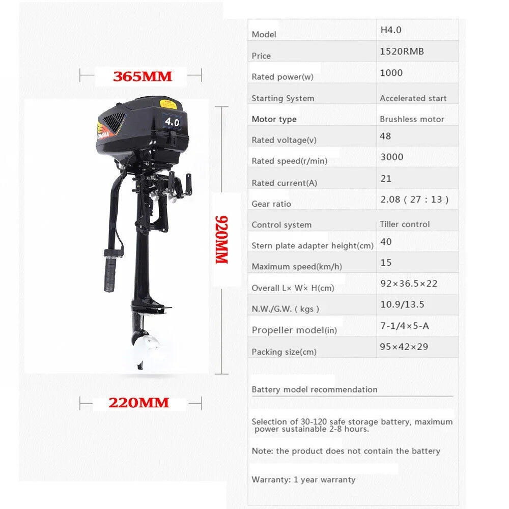 1000W Motor Outboard Trolling Electric Shaft Motor Outboard Boat 48V Short Fishing Engine