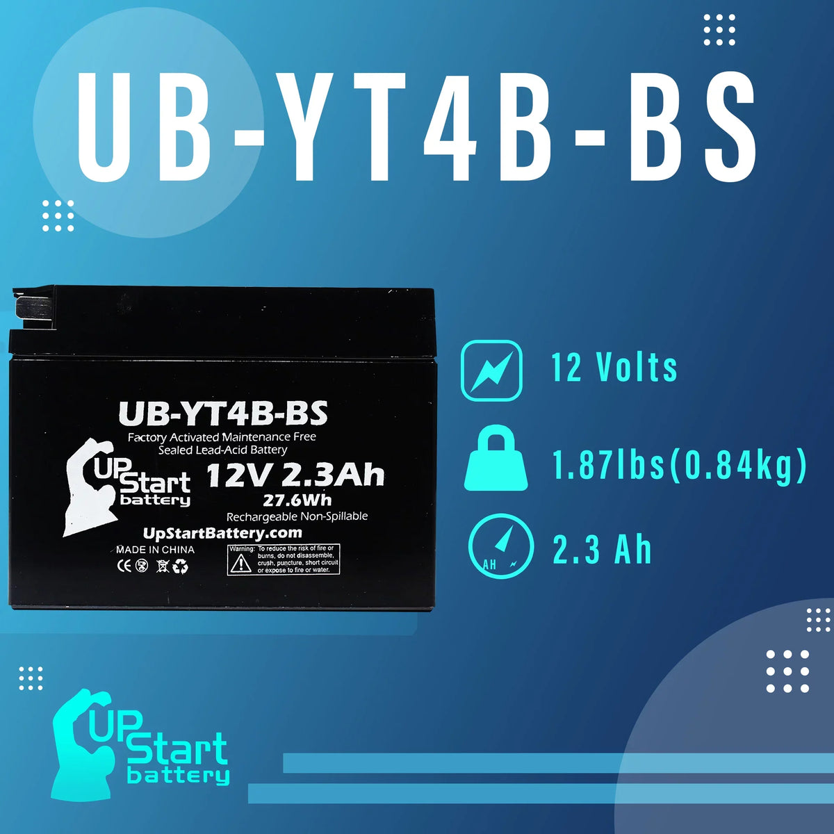 12V, - 2.3Ah, UpStart Activated, SR400 Battery Yamaha 5-Pack UB-YT4B-BS Maintenance Free, Replacement Motorcycle 2004 400CC for Factory Battery