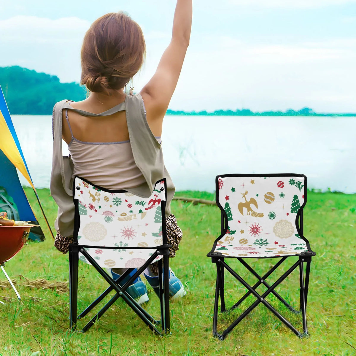 Christmas with Chair Outdoor Carry Chair Lawn Snowflakes 220LBS Camping to Portable Chair Stars Fishing Deer Support Beach Folding Bag Chair