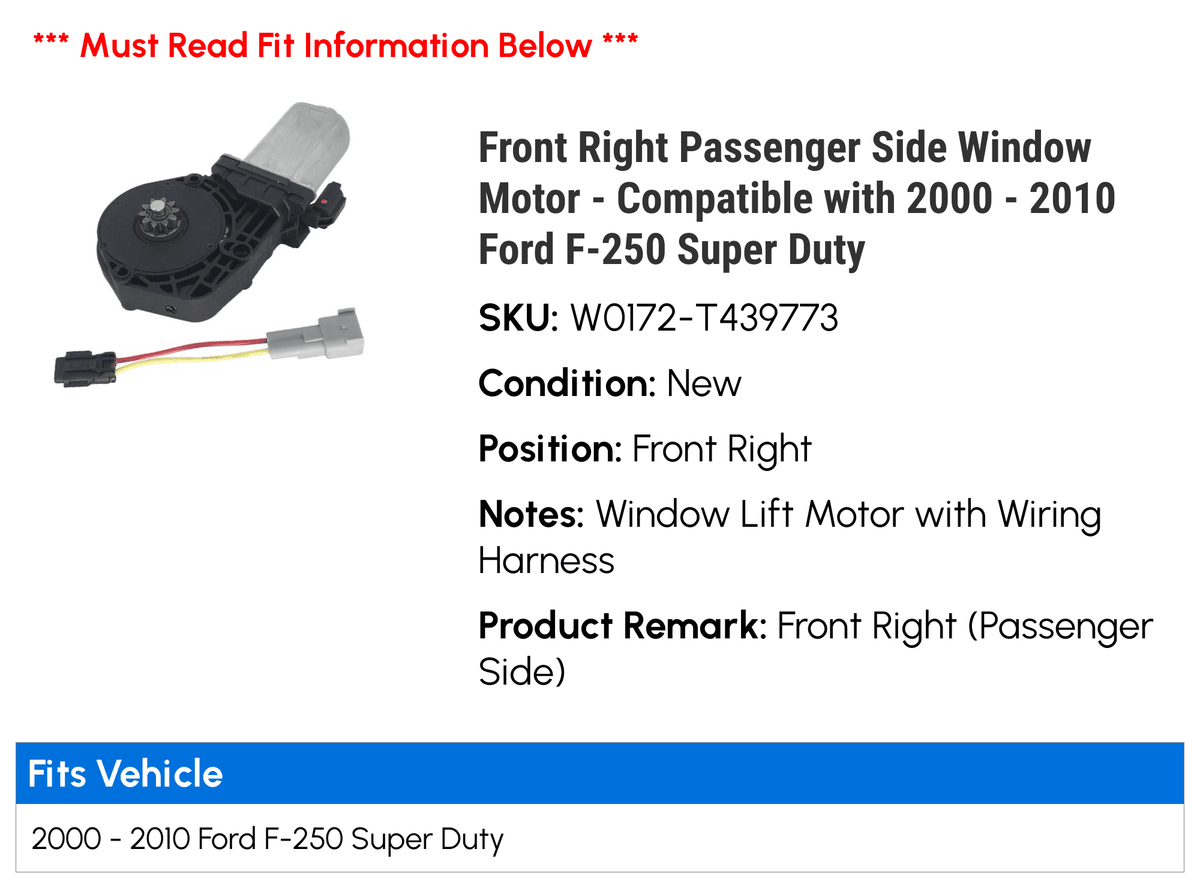 2010 Window - F-250 2008 with - Motor 2005 2006 Compatible Side Right Ford 2004 2000 Duty Passenger 2009 2001 2007 2003 2002 Super Front