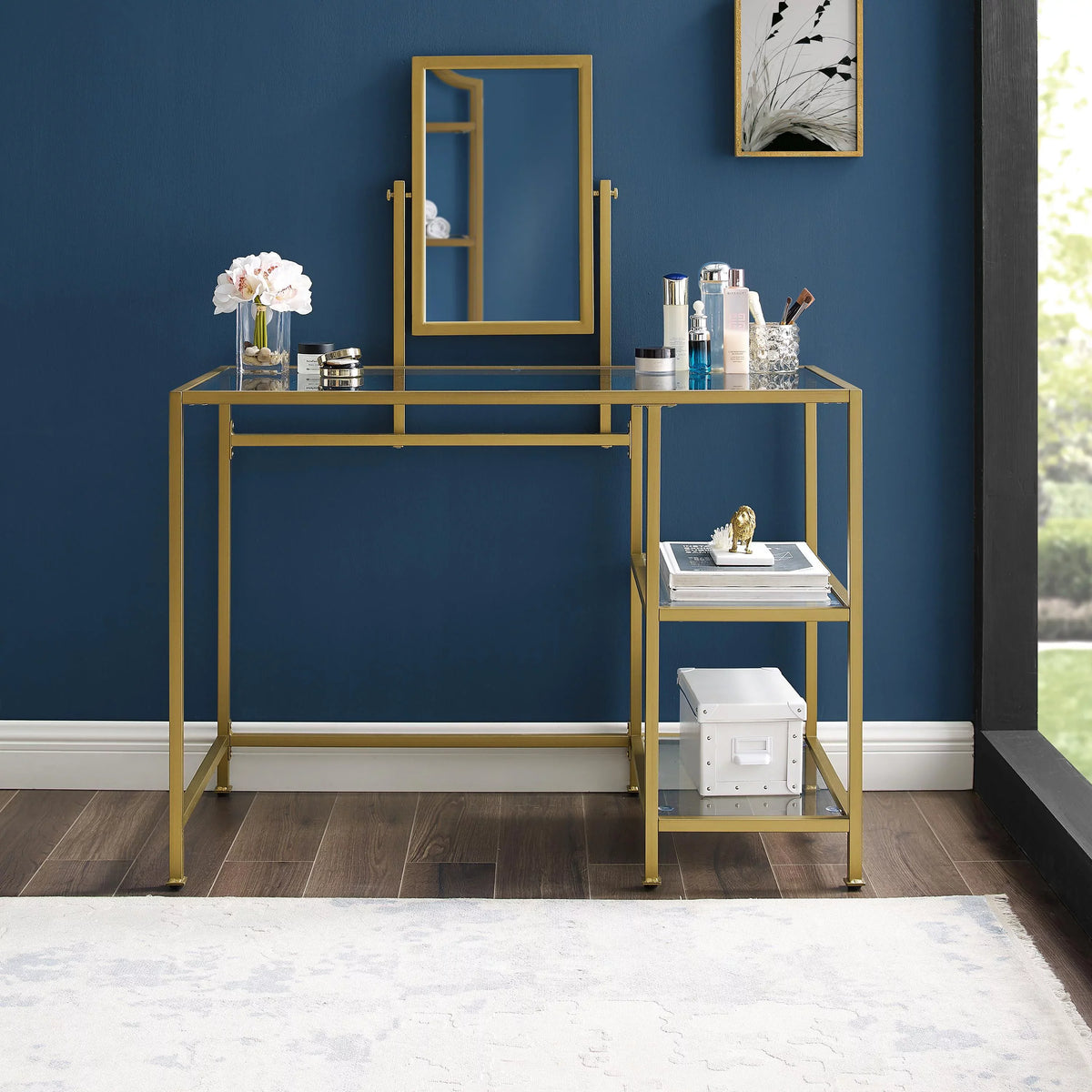 Furniture in Aimee Glass Tempered Crosley 2-Piece Vanity Desk/Mirror Soft Gold