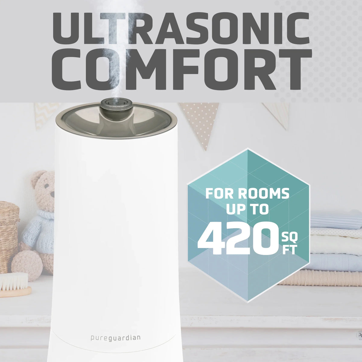 1.6 Gallon with Mist Humidifier ft. Ultrasonic Sq. Humidistat, 420 PureGuardian H997W Cool 90-Hour