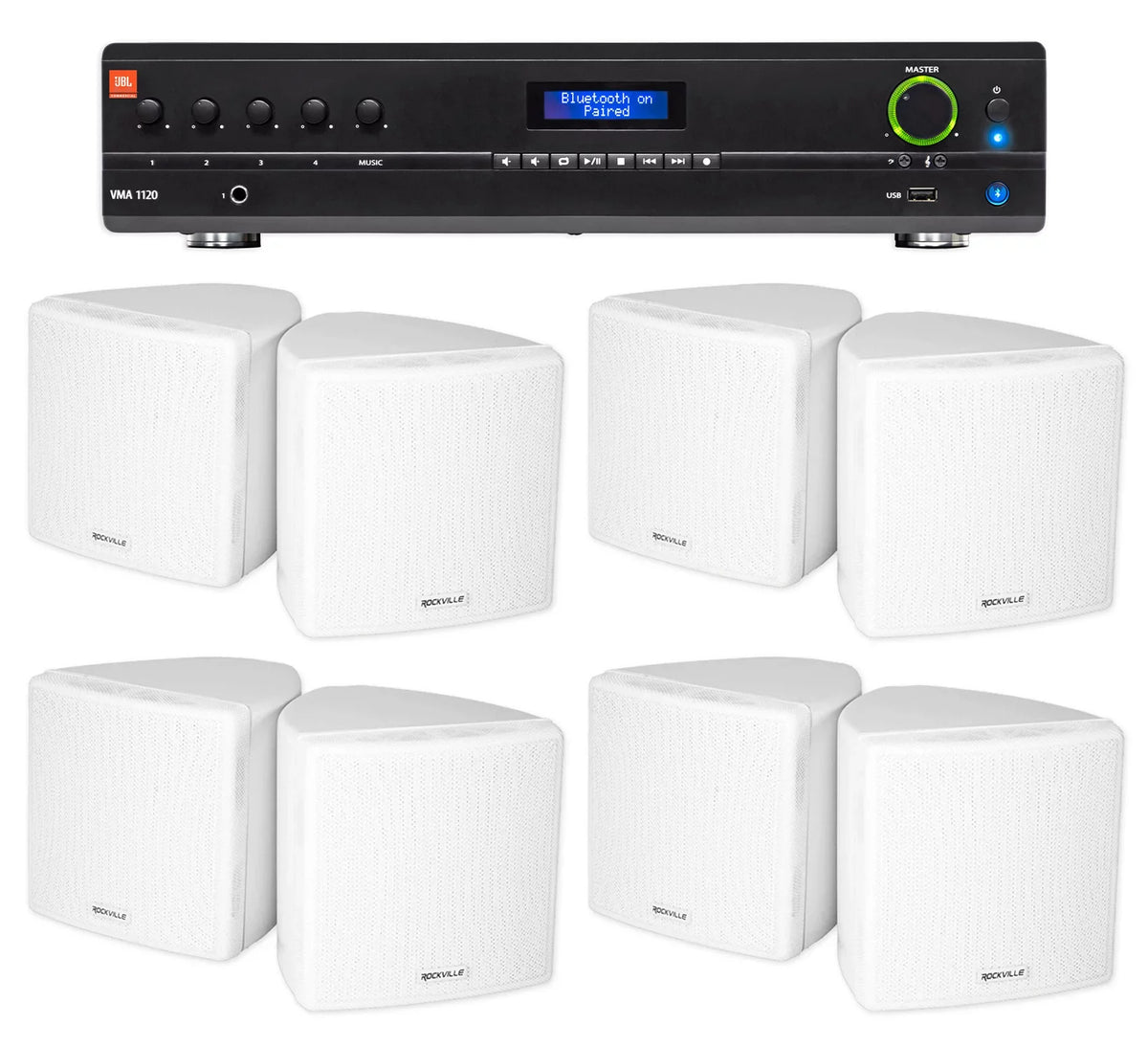 3.5" Restaurant/Bar/Cafe JBL for White Commercial Amplifier+(8) Cube Speakers